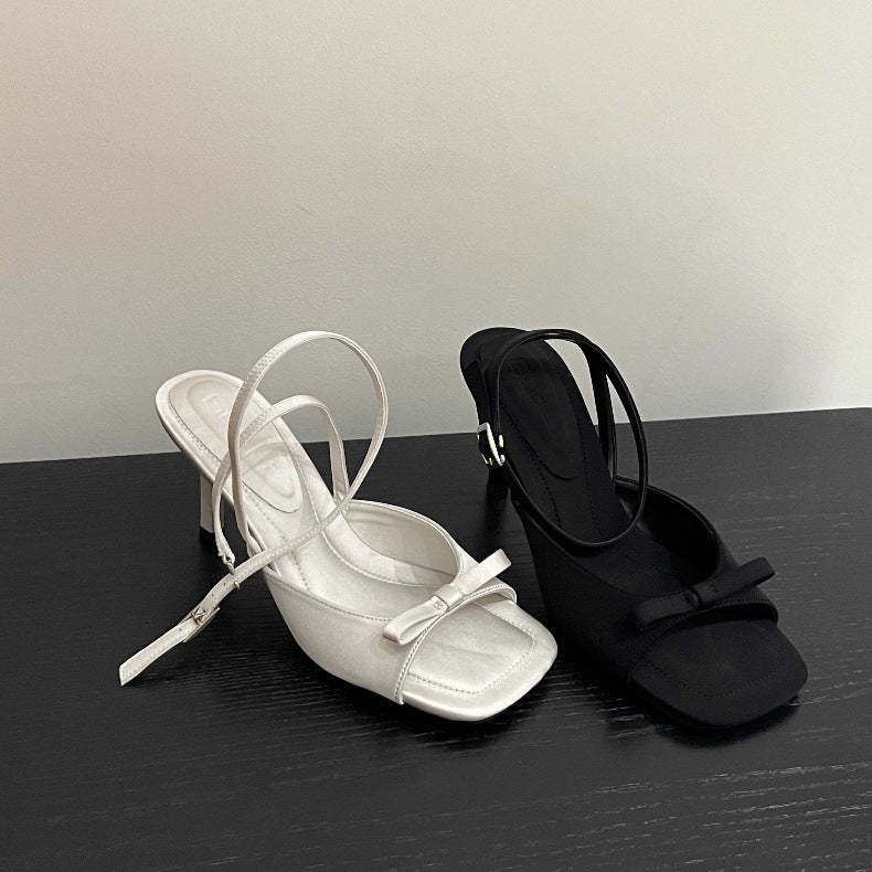 Ankle Strap silver Satin Bow High Heel Sandals Thin Heel Open Toe Women's Sandals Elegant