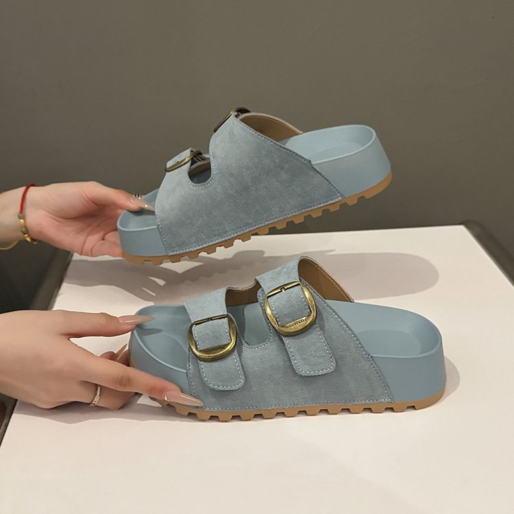 Solid Color Rubber Mid Heel(3-5cm)Platform Sole Suede Slippers