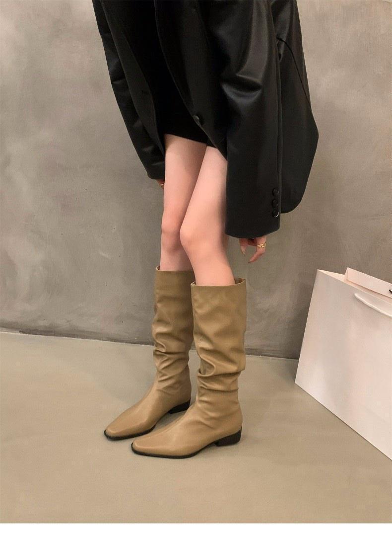 Chunky Heel Ruched Slouchy Long Tube Riding Boots for Women2024New Spring and Autumn Western Slim Mid-Calf Long Boots