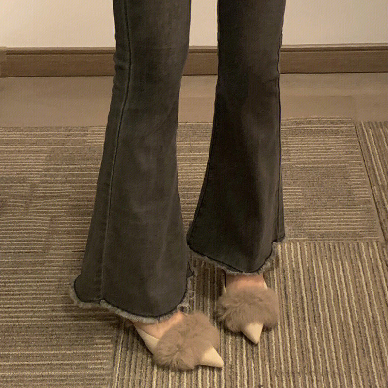 Autumn and Winter2024New Pointed Toe Furry Warm Thin Heel High Heel Mules Women Closed Toe Mules Slippers