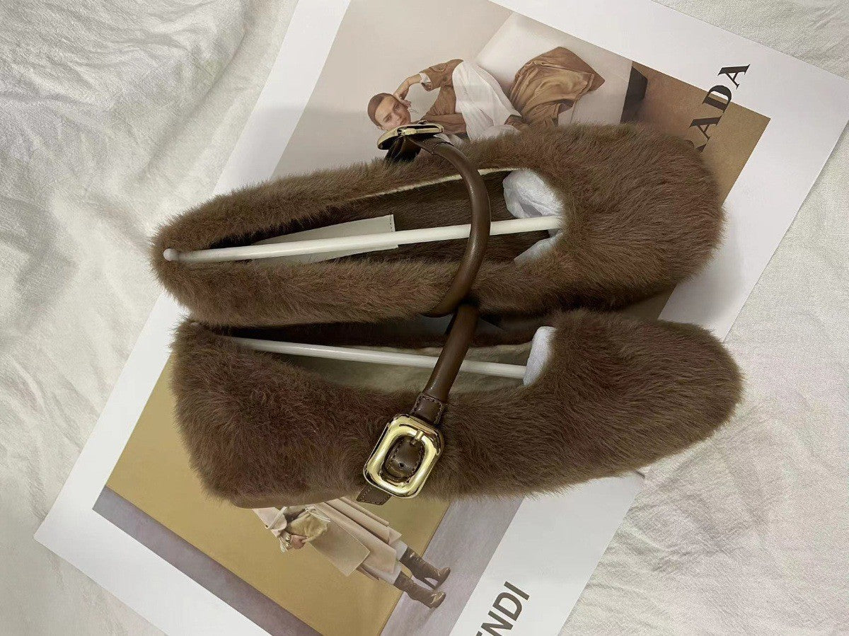 Fairy Style Internal Height Increase5cm Mary Jane Furry Shoes for Women2024New autumn and winter plush single shoes