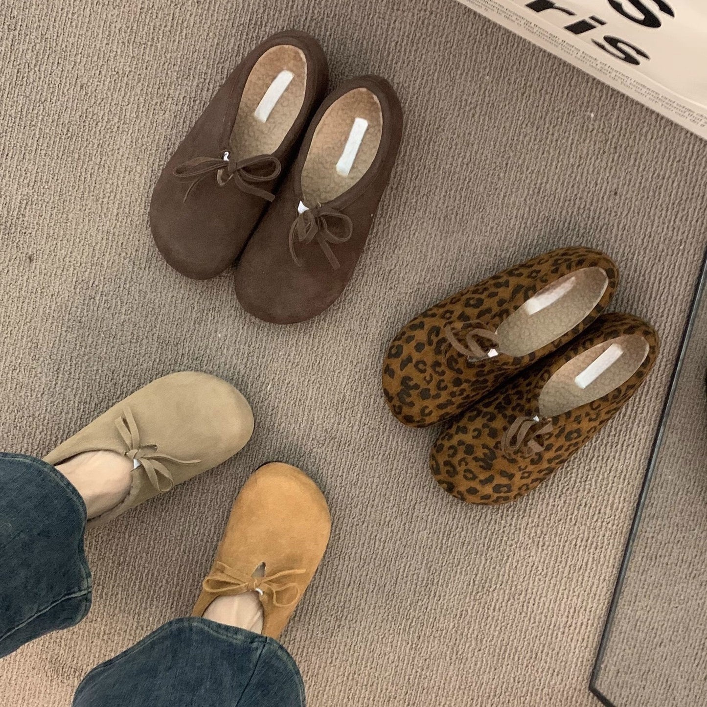 Late Night Breeze Height Increasing Thick Sole Leopard Print Fleece Lined Birkenstock Shoes for Outdoor Wear Autumn Winter Slip-On Ugly Cute Deep Mouth Beanie Cotton Shoes
