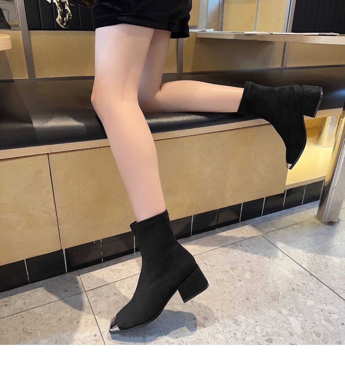 Women's Suede Ankle Boots2024Autumn New Fashionable Chunky Heel Metal Square Toe Mid-Heel Stretch Slim Sock Boots