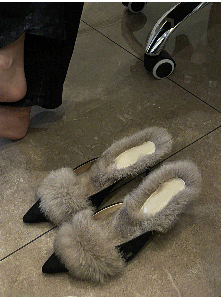 Autumn and Winter2024New Pointed Toe Furry Warm Thin Heel High Heel Mules Women Closed Toe Mules Slippers