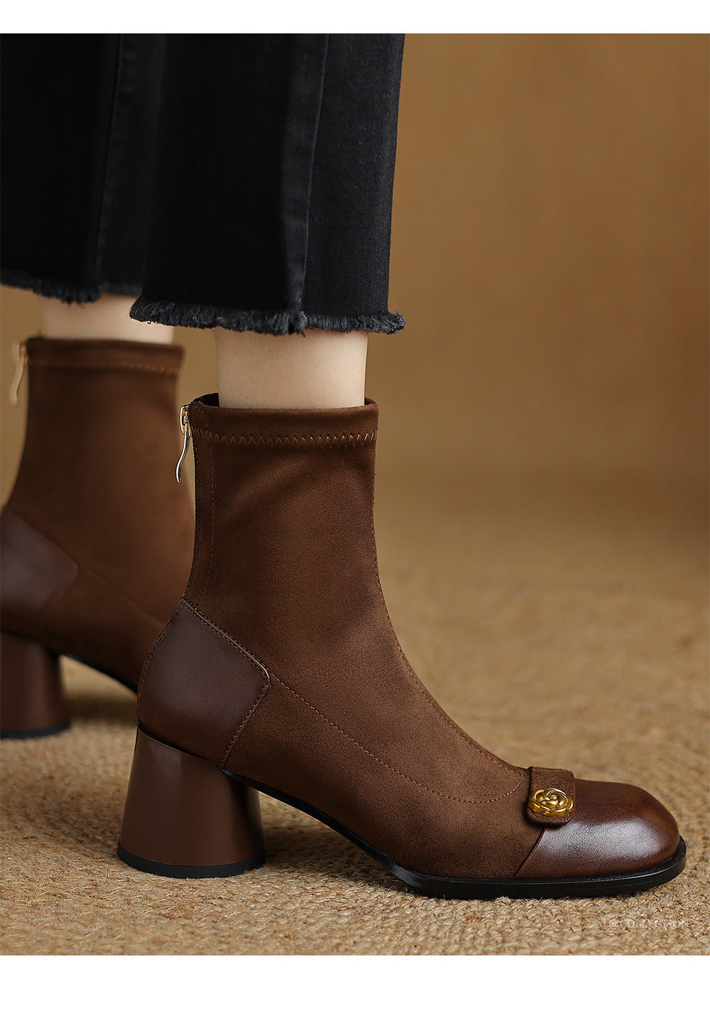 Patchwork Suede Camellia High Heel Chunky Heel Short Boots for Women Stretch Slim Boots Plus Size