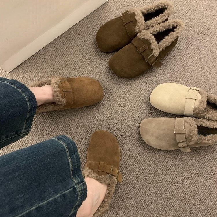 Japanese Mori Girl Style Retro Soft Leather Birkenstock Shoes for Women with Fleece Lining2024Autumn and Winter New Style Height-Increasing Warm Cotton Loafers