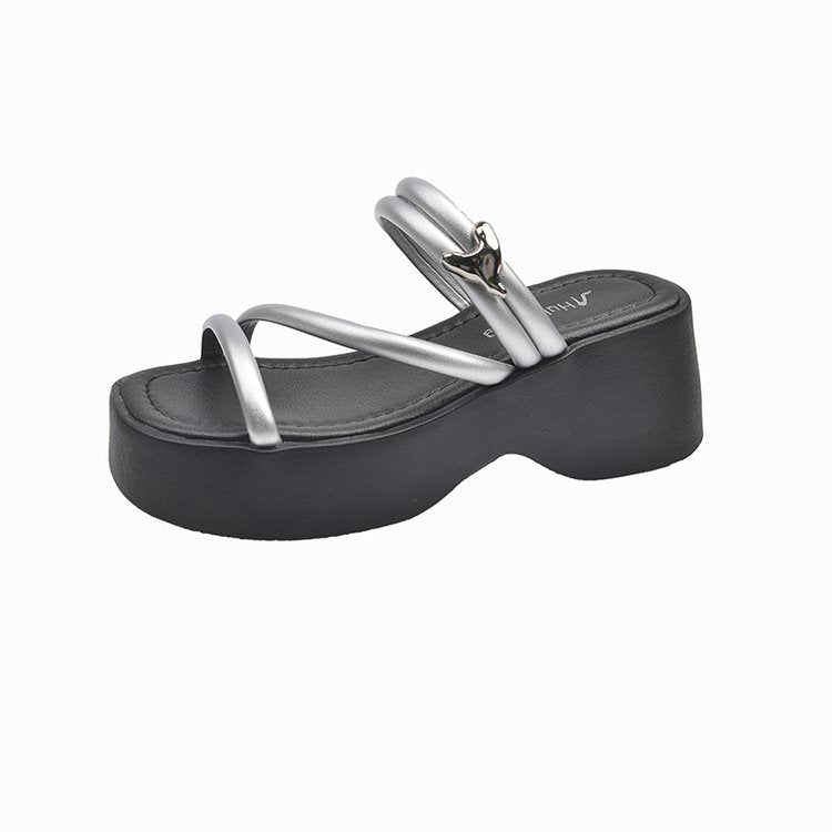 Solid Color Platform Sole Slippers PU Rubber mid-heel(3-5cm)