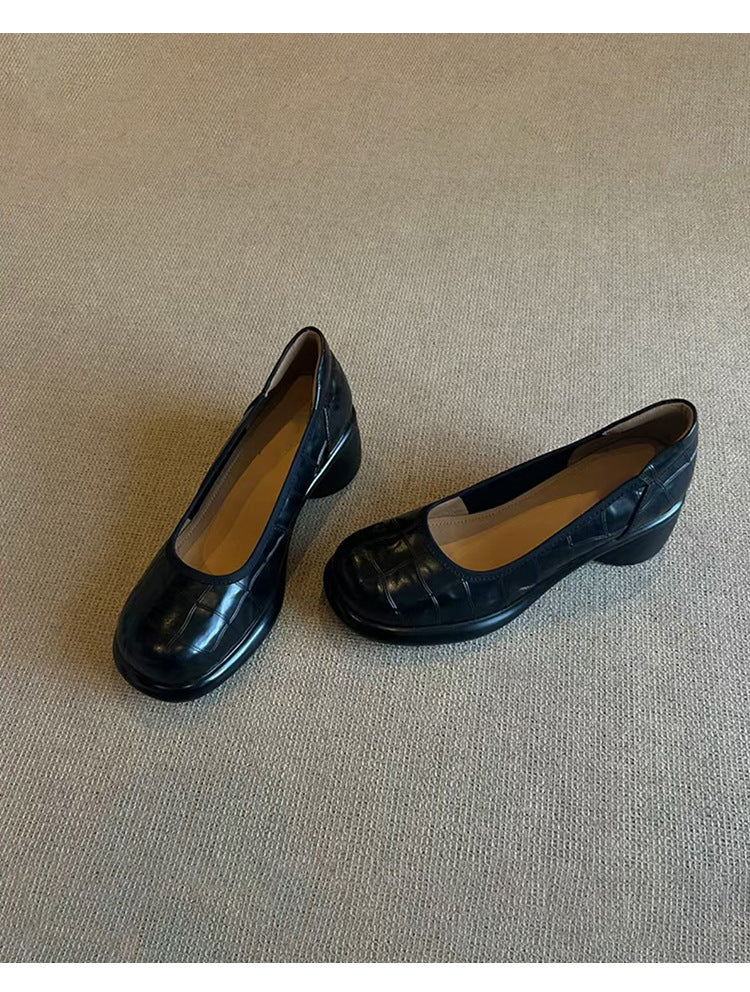 Vintage Shallow Mouth Single Shoes for Women, Round Toe, Chunky Heel, Slip-On Mary Jane Shoes, British Style Small Leather Shoes