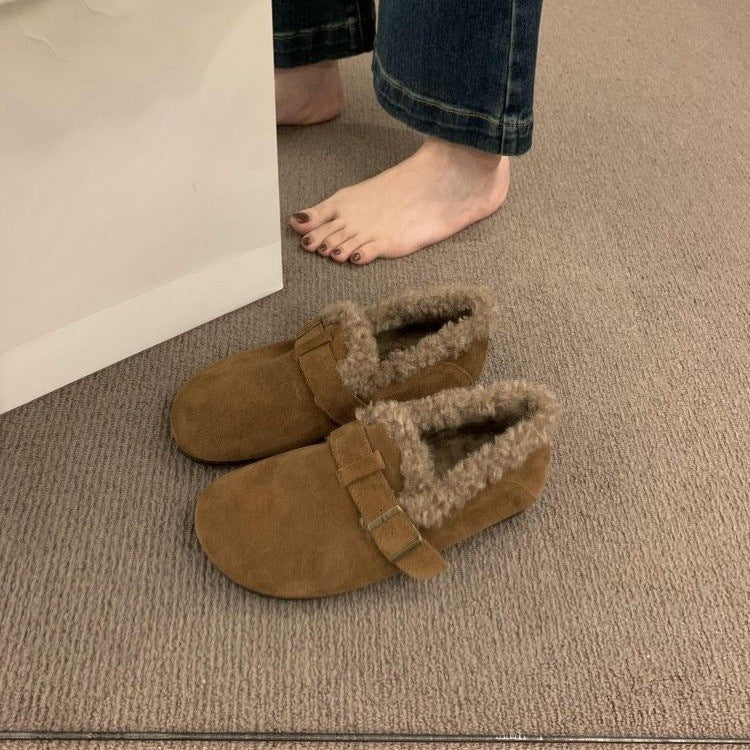 Japanese Mori Girl Style Retro Soft Leather Birkenstock Shoes for Women with Fleece Lining2024Autumn and Winter New Style Height-Increasing Warm Cotton Loafers