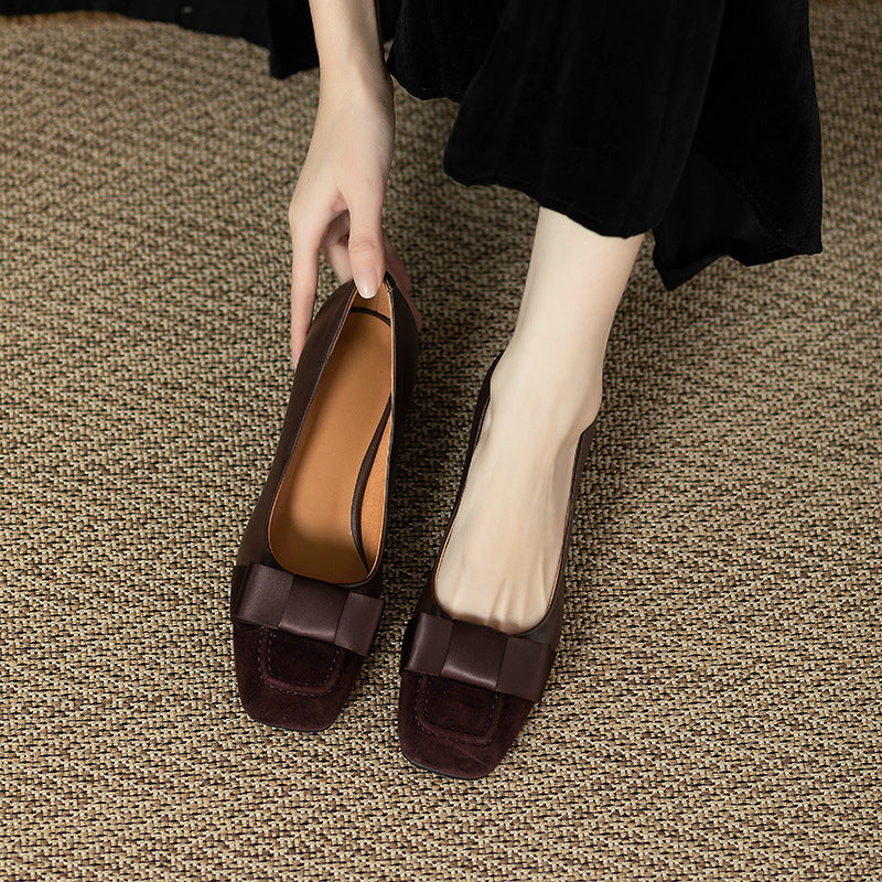 French style color-blocking high heels for women2024Spring and Autumn New Style Chunky Heel Bow Retro Mid-Heel Single Shoes
