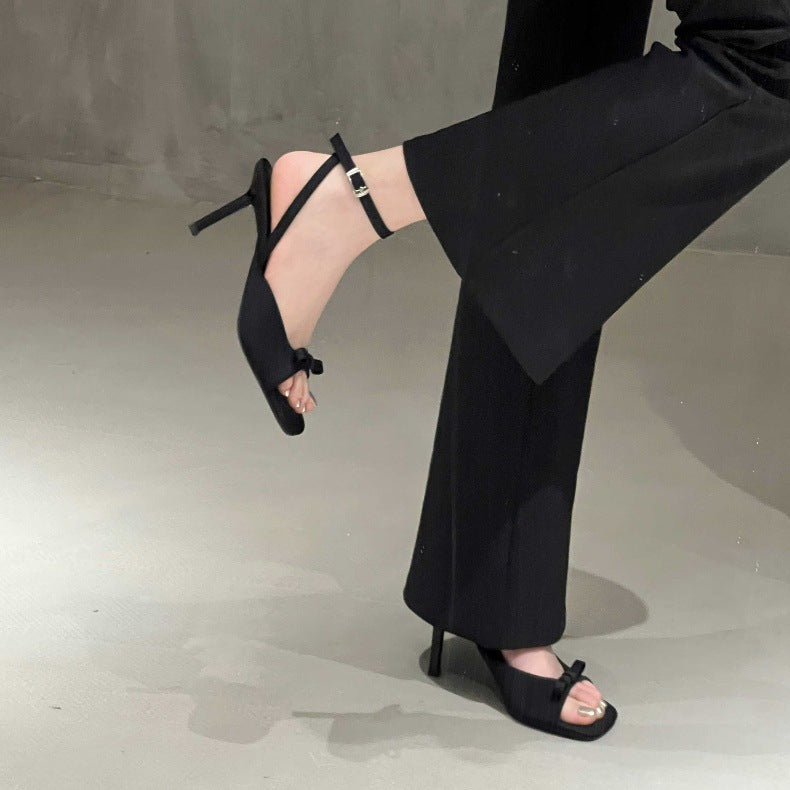 Ankle Strap silver Satin Bow High Heel Sandals Thin Heel Open Toe Women's Sandals Elegant