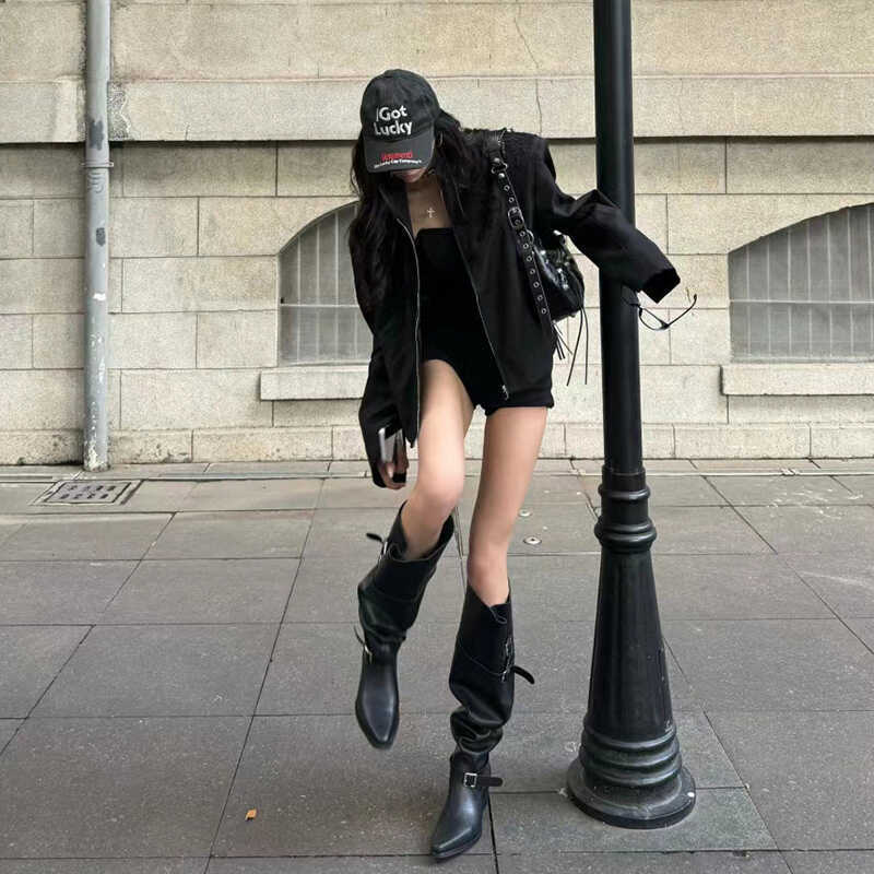 Korean Style Large Tube Pile Boots for Women with Chunky Heels, Over-the-Knee Boots2024Autumn Belt Buckle Western Boots Fashion Long Boots