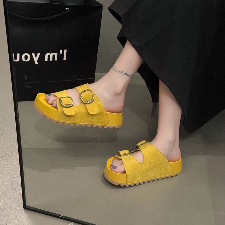 Solid Color Rubber Mid Heel(3-5cm)Platform Sole Suede Slippers