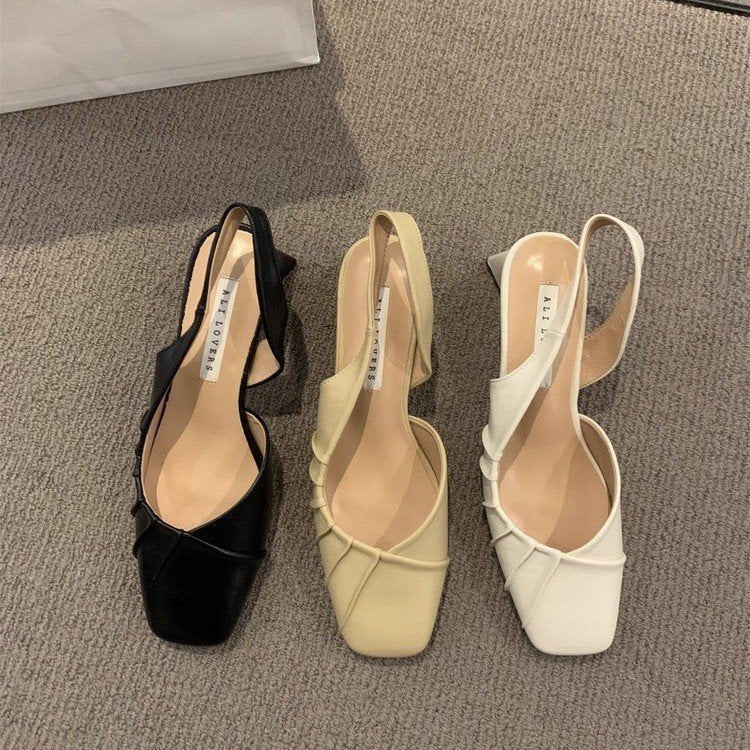 2024Spring Summer New High Heel Closed Toe Backless Sandals Women's Shoes Chunky Heel Shallow Mouth French Gentle Style Single Shoes Women's Shoes