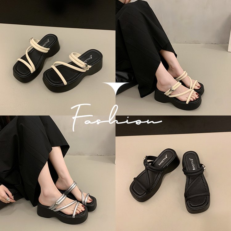Solid Color Platform Sole Slippers PU Rubber mid-heel(3-5cm)