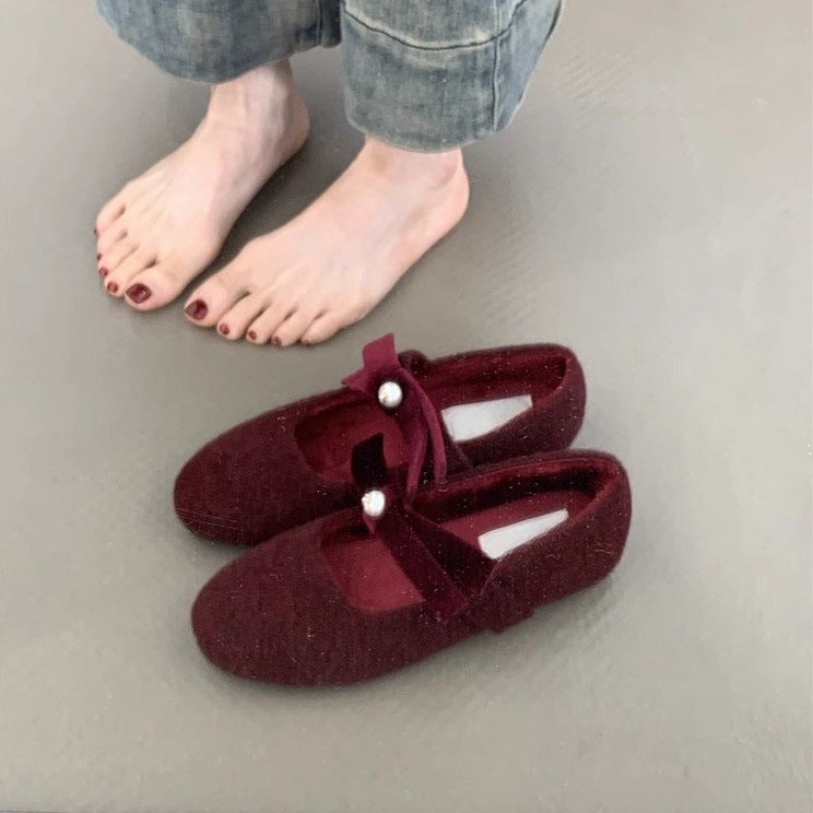 French Style Little Chanel Mary Jane Shoes2024Fleece-lined Warm Round Toe Shallow Mouth Shoes with Bowknot and Pearls for Evening Wear