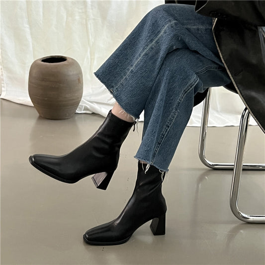High Heel Slim Boots for Women Little Fairy2024New Year's Thick Heel Chimney Boots Internet Celebrity Fashion Chelsea Short Boots