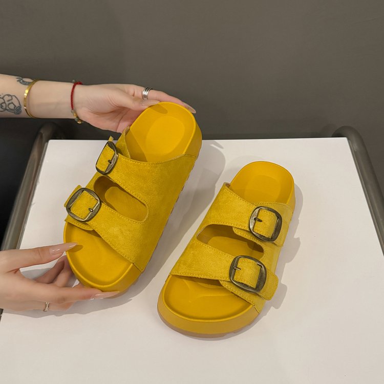 Solid Color Rubber Mid Heel(3-5cm)Platform Sole Suede Slippers
