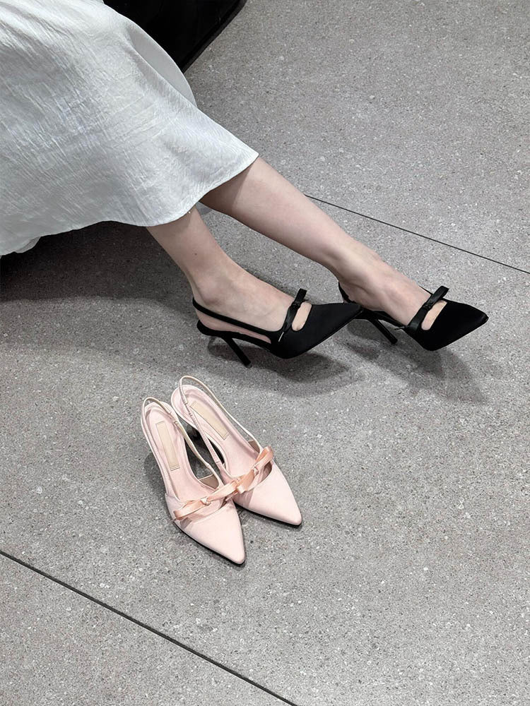 2025New French Style Pointed Toe Bow High Heels Women's Stiletto Sandals Elegant Versatile Shallow Mouth Shoes
