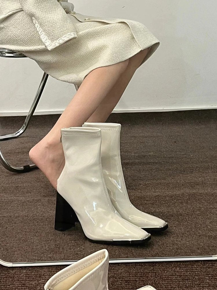 Kendall Jenner Style Short Boots for Women2023New Autumn Winter Square Toe Patent Leather Chunky Heel Short Slimming High Heel Boots