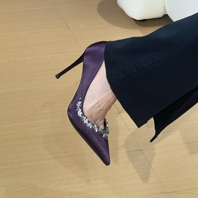 Purple high heels for women with thin heels and pointed toes, decorated with rhinestones V Elegant Socialite Style French Single Shoes2024Winter New