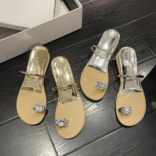 PU Square Heel Low Heel Slippers Rubber Toe