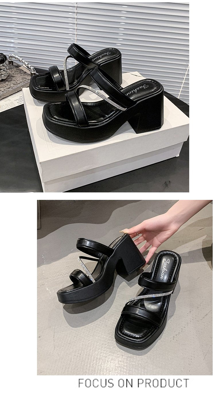 Solid Color Rubber Chunky Heel PU High Heel Slippers
