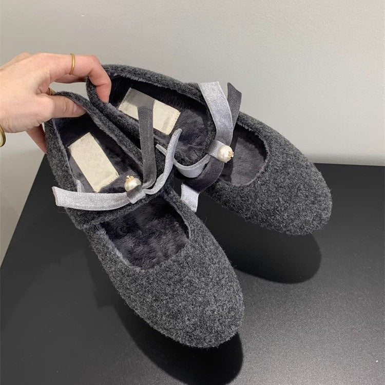 French Style Little Chanel Mary Jane Shoes2024Fleece-lined Warm Round Toe Shallow Mouth Shoes with Bowknot and Pearls for Evening Wear