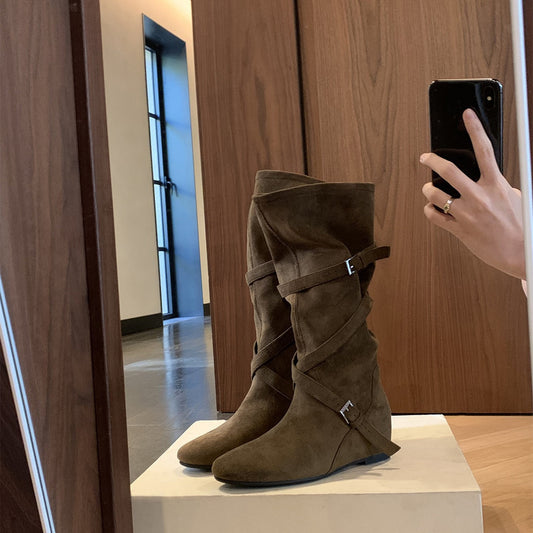 2025New Retro Matte Height-Increasing6cm~Korean Style Round Toe Buckle Strap Soft Wrinkled Slimming High Boots for Women Autumn