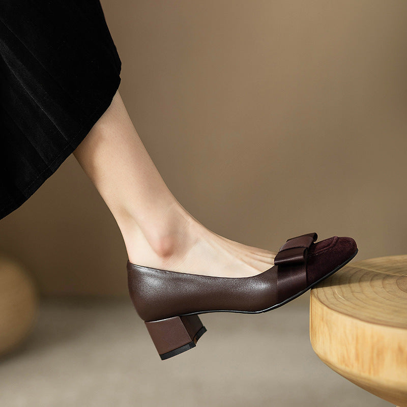 French style color-blocking high heels for women2024Spring and Autumn New Style Chunky Heel Bow Retro Mid-Heel Single Shoes