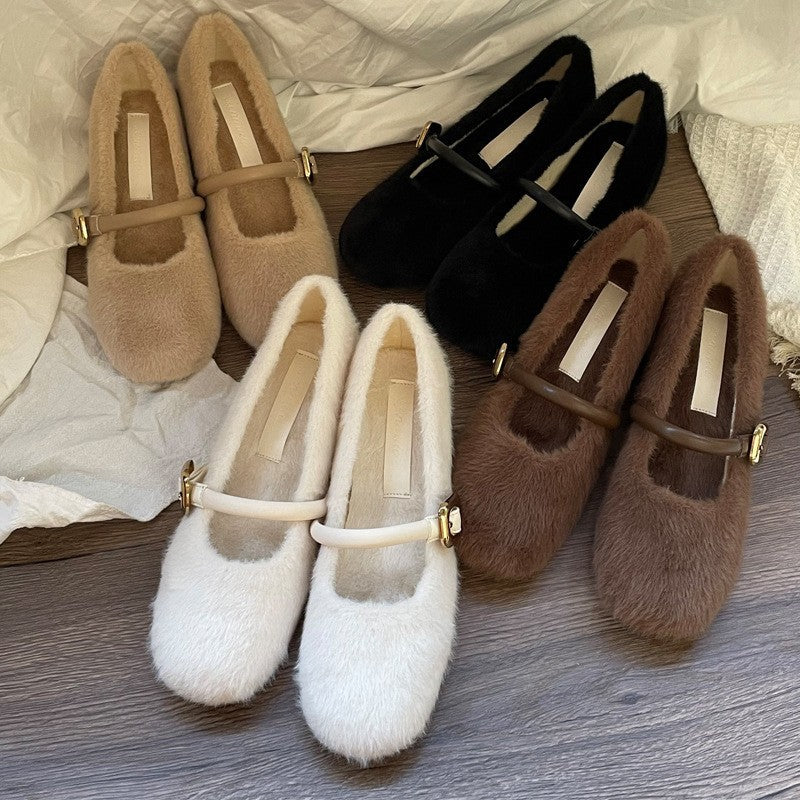 Fairy Style Internal Height Increase5cm Mary Jane Furry Shoes for Women2024New autumn and winter plush single shoes
