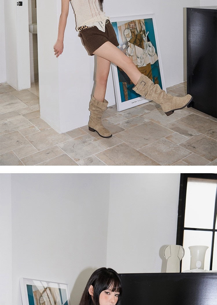 Long Boots for Women Retro Western Cowboy Boots Two-Way Short Boots Chunky Heel Riding Boots Ruched Slouch Boots