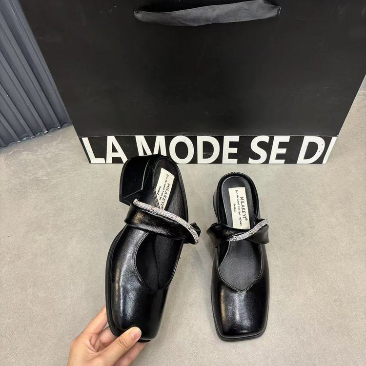 Middle Heel(3-5cm)Rubber Slippers PU Closed-Toe Square Heel