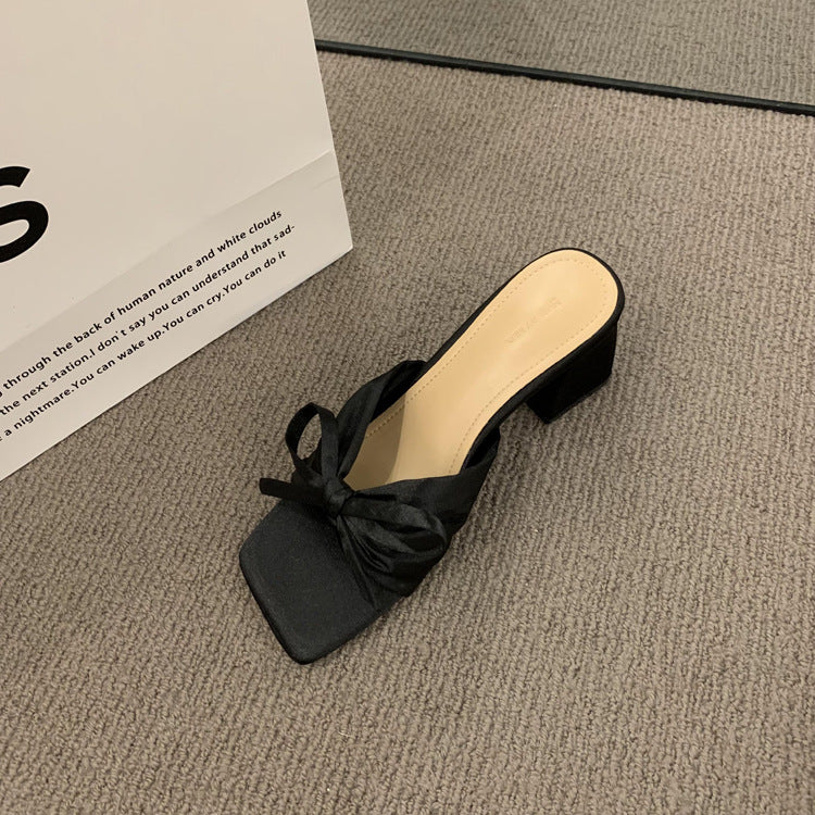 French-style High-end Satin Bow Thick Heel Sandals for Women2023New summer open-toe high heels