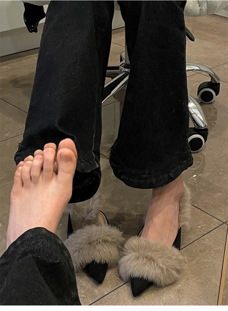 Autumn and Winter2024New Pointed Toe Furry Warm Thin Heel High Heel Mules Women Closed Toe Mules Slippers