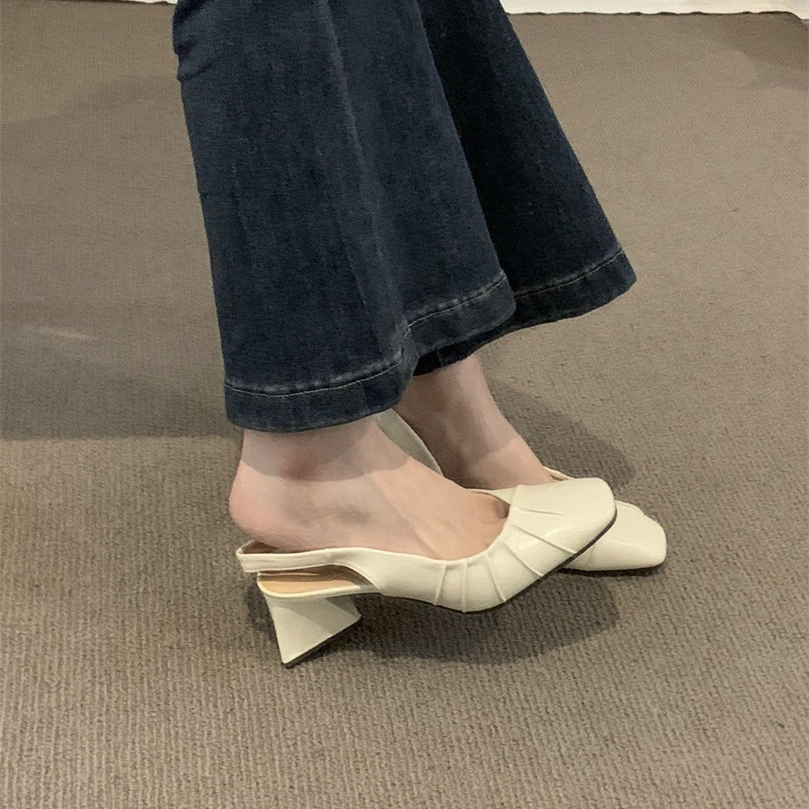 2024Spring Summer New High Heel Closed Toe Backless Sandals Women's Shoes Chunky Heel Shallow Mouth French Gentle Style Single Shoes Women's Shoes