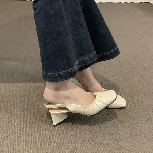 2024Spring Summer New High Heel Closed Toe Backless Sandals Women's Shoes Chunky Heel Shallow Mouth French Gentle Style Single Shoes Women's Shoes