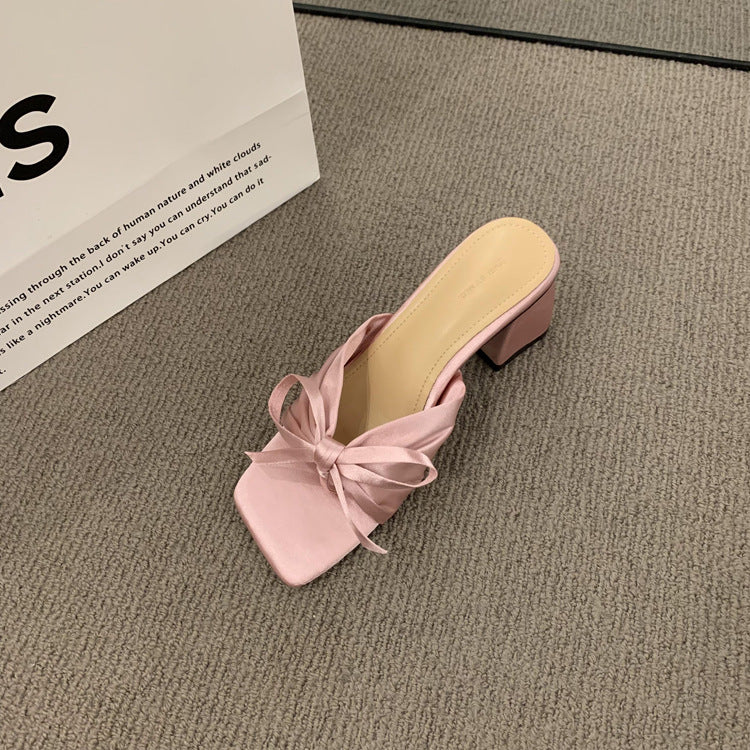 French-style High-end Satin Bow Thick Heel Sandals for Women2023New summer open-toe high heels