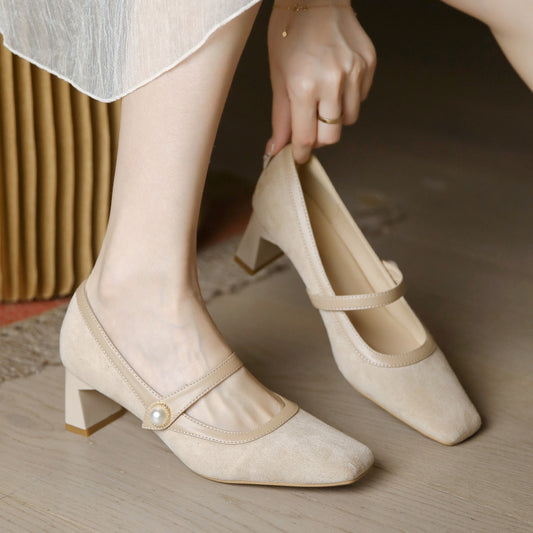 Mary Jane High Heels for Women, Chunky Heel, 2025 New Vintage Style, Versatile with Dresses, French Mid-Heel Square Toe Pumps for Women