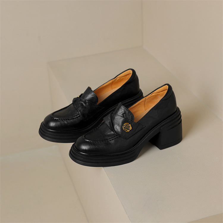 Soft and fluffy!2024Handmade Camellia Thick Sole Chunky High Heel Loafers