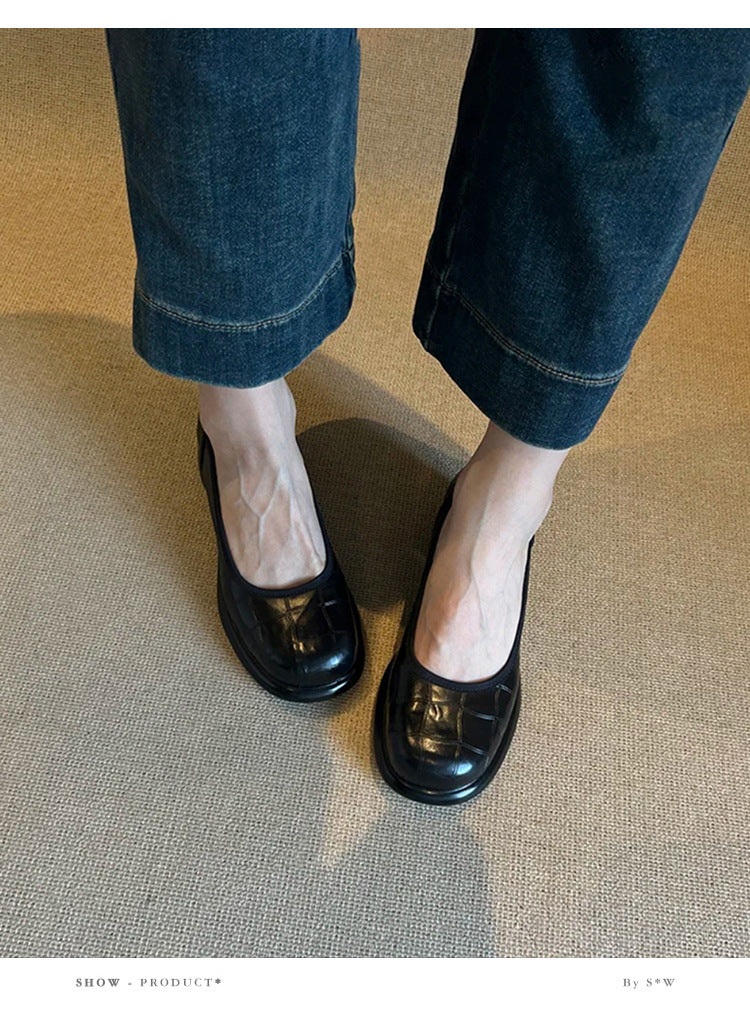 Vintage Shallow Mouth Single Shoes for Women, Round Toe, Chunky Heel, Slip-On Mary Jane Shoes, British Style Small Leather Shoes