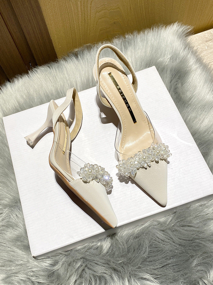 Women's Closed-Toe Sandals for Spring and Summer2023New Year's New French Transparent Pointed Toe Small Heel White High Heels Stiletto Single Shoes