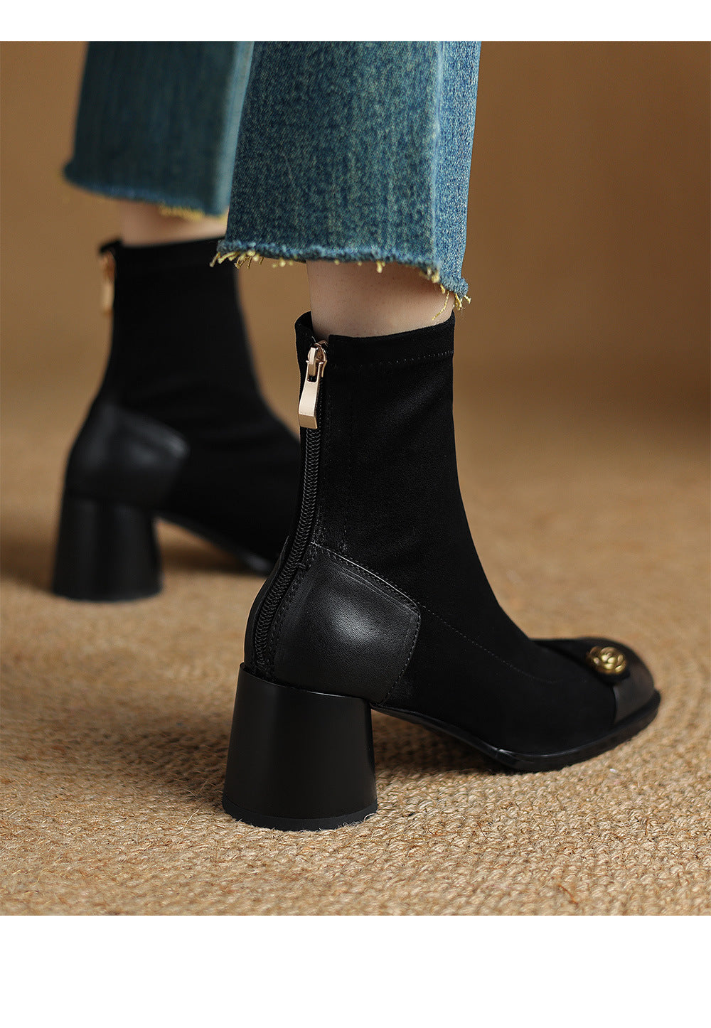 Patchwork Suede Camellia High Heel Chunky Heel Short Boots for Women Stretch Slim Boots Plus Size