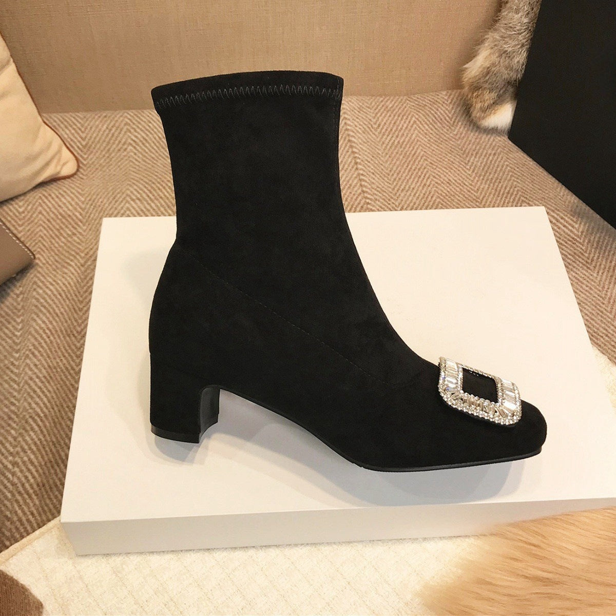 Square Buckle Rhinestone Elastic Sock Boots for Women, Low Heel, Chunky Heel, Black Square Toe Short Boots, Suede Slim Boots for Women