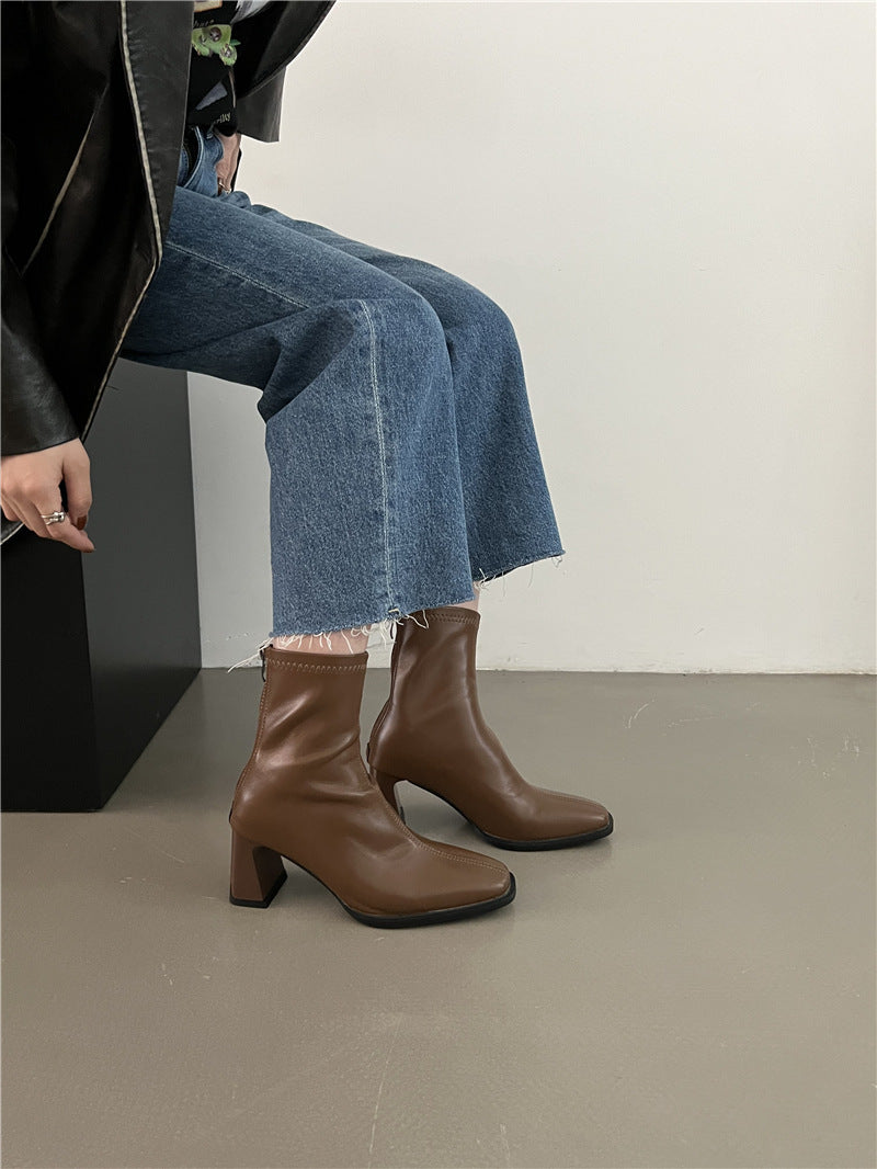 High Heel Slim Boots for Women Little Fairy2024New Year's Thick Heel Chimney Boots Internet Celebrity Fashion Chelsea Short Boots