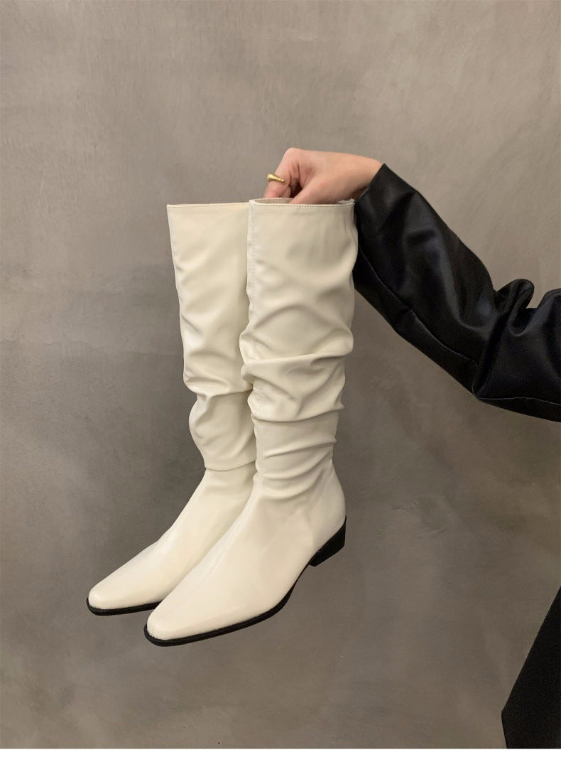 Chunky Heel Ruched Slouchy Long Tube Riding Boots for Women2024New Spring and Autumn Western Slim Mid-Calf Long Boots