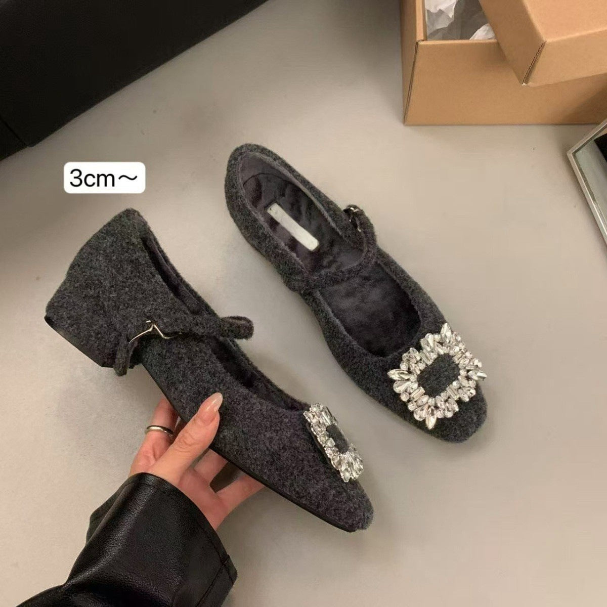 Thick Heel High Heel Black Square Toe Rhinestone Single Shoes Women's Shoes2024New autumn and winter fleece-lined Mary Jane furry shoes
