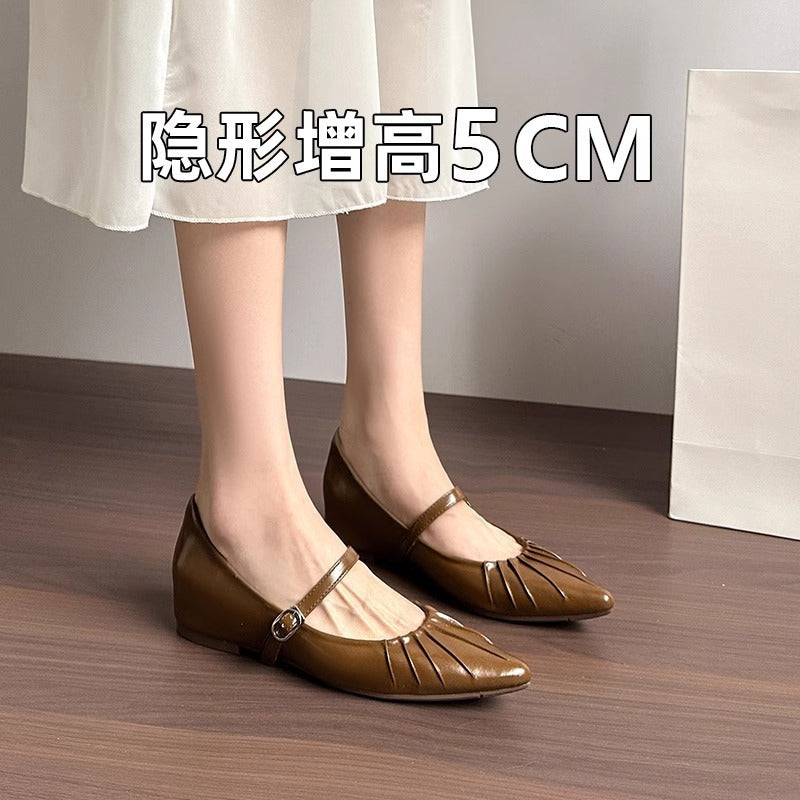 Height Increasing Insole Women's Shoes2024Summer New Retro One-Strap Mary Jane Pleated Pointed Toe Shoes