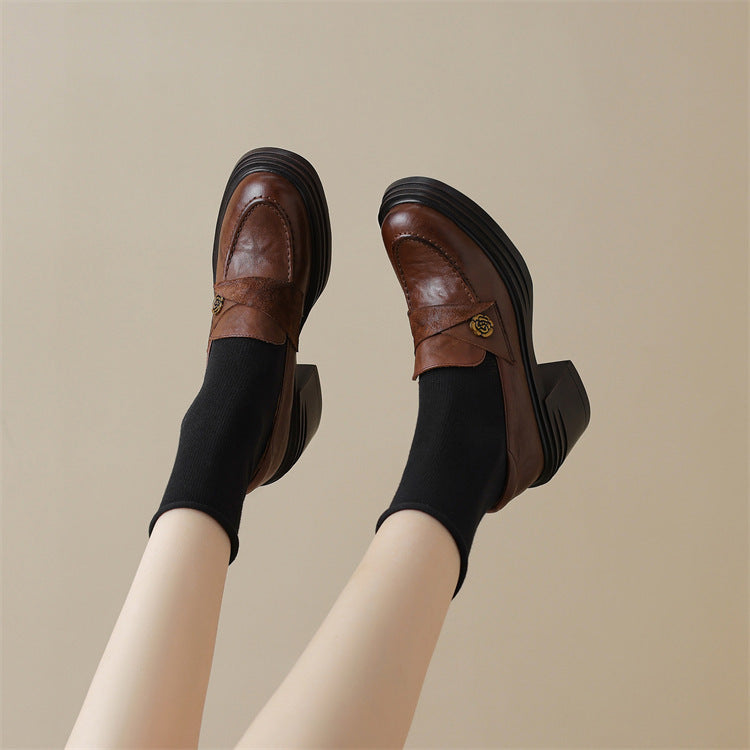 Soft and fluffy!2024Handmade Camellia Thick Sole Chunky High Heel Loafers
