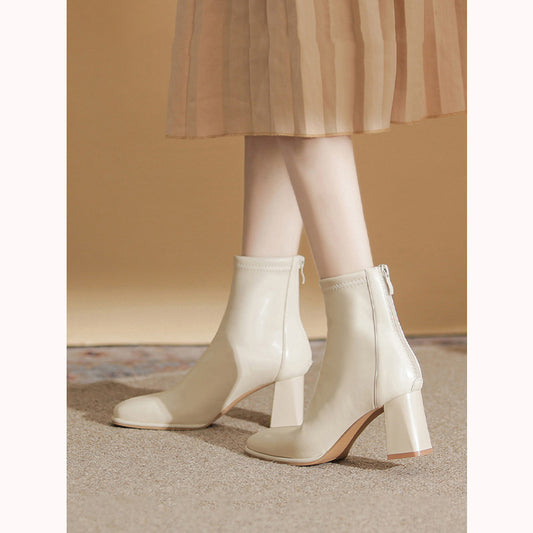 Women's White Martin Boots2024New Spring and Autumn Thick Heel Short Boots British Style Women's Slim Winter Fleece Boots